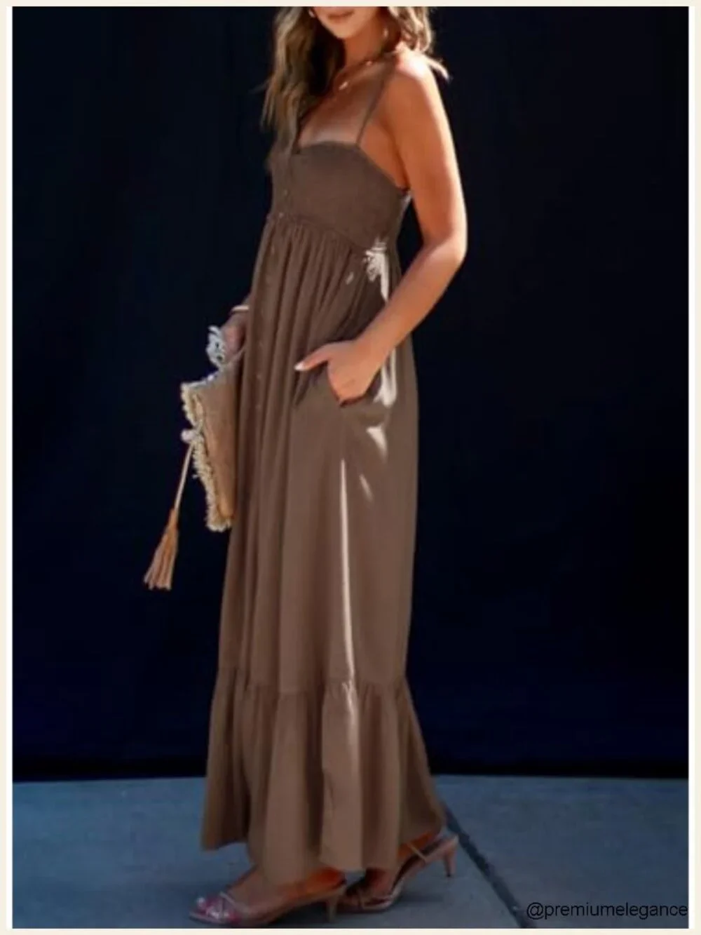 Sleeveless Spaghetti Strap Smocked Button Down Maxi Dress with Pockets - Picture 2 of 6
